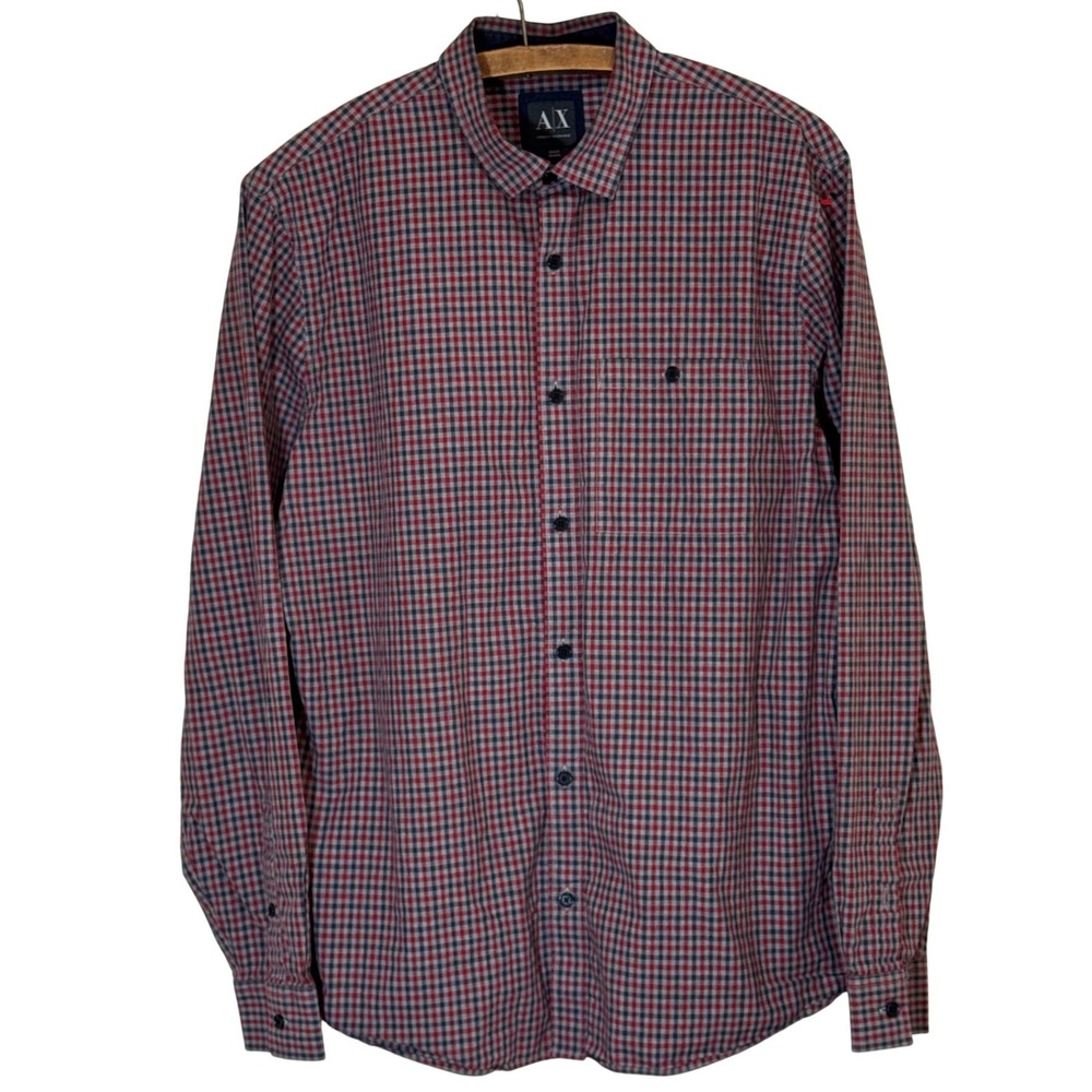 Armani Exchange Gingham Button Up Shirt Men Large Red Gray Check Pocket Cotton